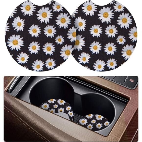 Sunflower Car Cup Coasters 2-Pack Cup Holder Drink Anti Slip Rubber Vehicle - Picture 1 of 7